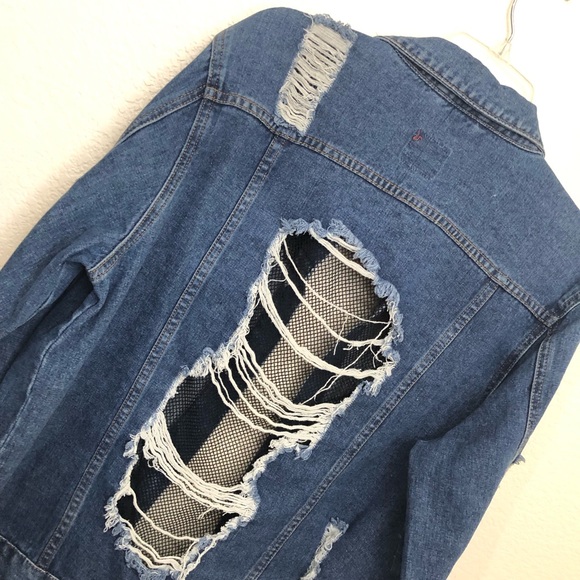 BOOM BOOM JEANS Womens Large Denim Jean Jacket Fishnet Cutouts Destroyed NWOT - Picture 12 of 14